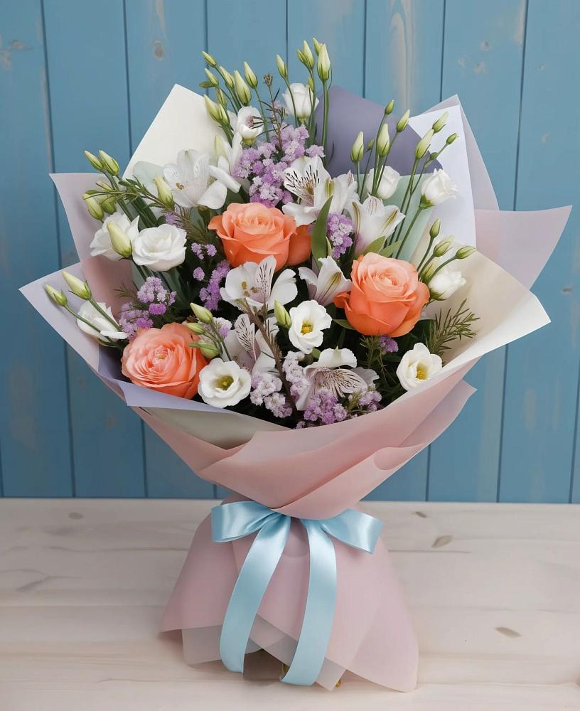 Букет цветов из: Лизиантусы, Розы, Альстромерии и Гипсофила в городе Грязи